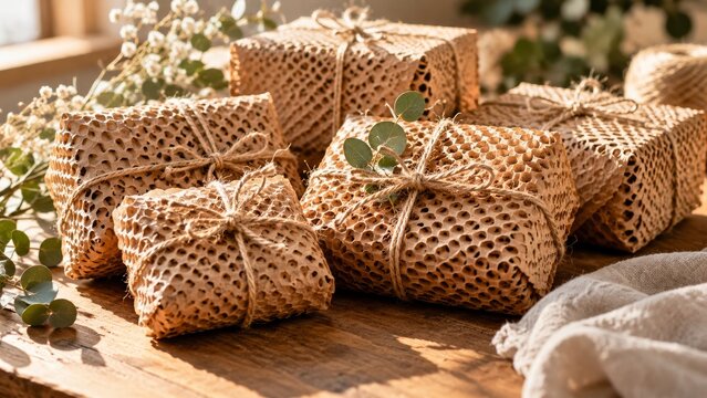 Small honeycomb paper wrapped parcels tied with string in warm daylight