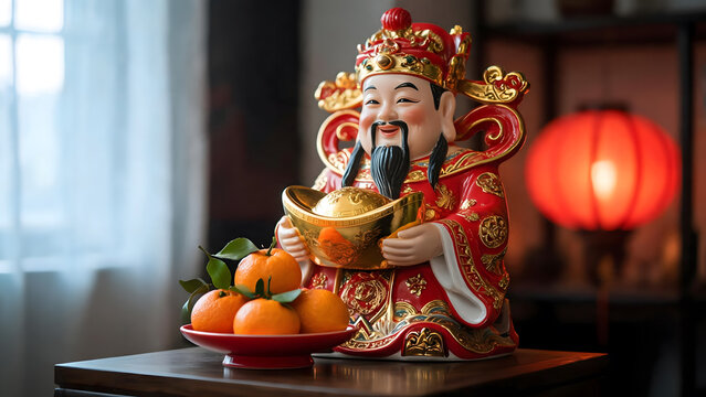 Ornate prosperity figurine stands near fresh mandarin oranges on polished table during celebratory still life showcase. Joyful deity statuette displays gleaming gold ingot bringing good luck.