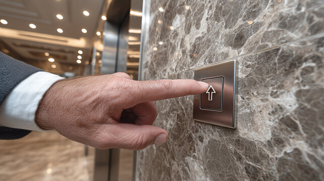 Businessman is pressing the elevator buttons to go up or down