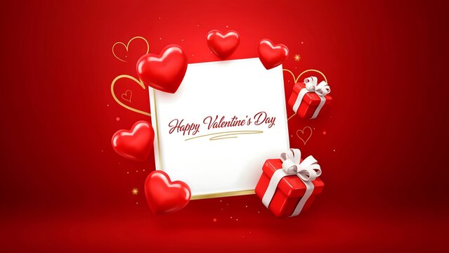 Happy valentine's day greeting card with red hearts and gift boxes on a vibrant red background, for romantic holiday celebration