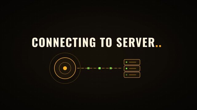 Animated connecting to server text with radar icon and data link moving toward server stack for network concept. 4k video