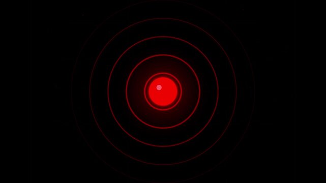 Red glowing radar signal on black background, pulsing sonar target waves, abstract technology hud background loop