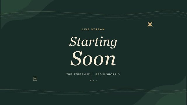 Professional dark green seamless loop animation for digital broadcasters to use when their live stream is starting soon on social media platforms to engage waiting viewers.