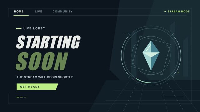 A seamless loop of a futuristic gaming lobby screen featuring a rotating crystal for creators to use on streaming platforms like Twitch to alert viewers that the broadcast is starting soon.