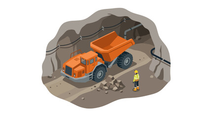 Mining dump truck and worker inside a mine tunnel. © Ruangjati