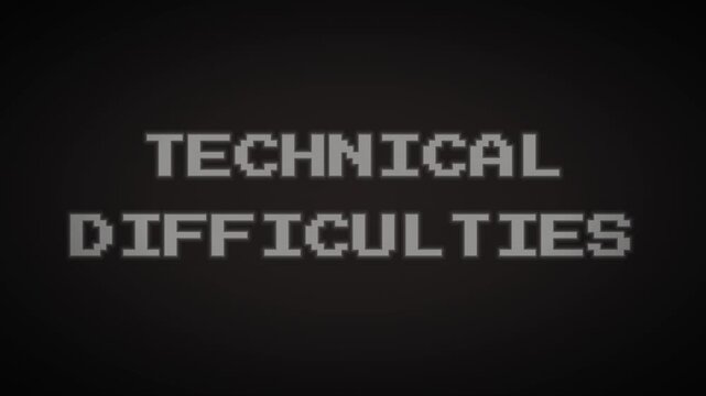 Retro pixel text technical difficulties message with flickering display for system error and interruption concept. 4k video