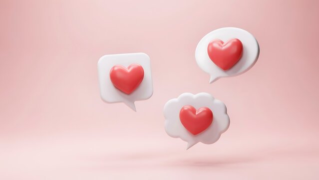 Three 3D speech bubbles with red hearts floating on a soft pink background, for social media, and valentine day, love communication