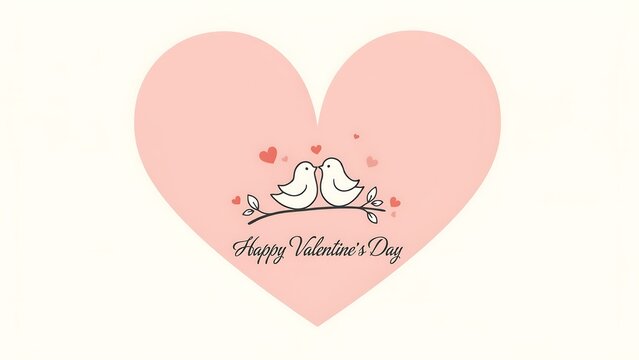 Two cute birds kissing on a branch inside a large pink heart shape, happy valentine's day greeting card