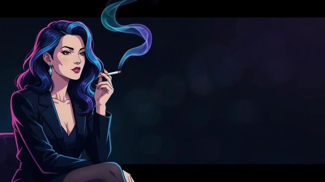 Anime Woman Smoking a Cigarette Animation - Stylish Digital Art of Girl with Blue Hair in Neon Noir Setting with Rising Smoke and Copy Space