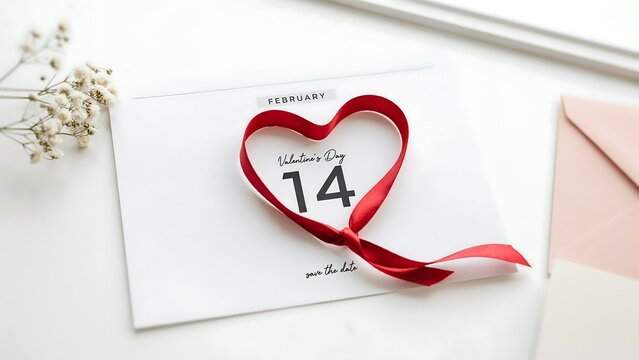 White envelope with a red ribbon tied in a heart shape on featuring the text february 14 valentine's day save the date, view