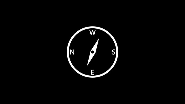 Seamless loop animation of a white navigation compass with rotating needle and cardinal points N, S, E, W on black background, professional motion graphics video for travel, direction, exploration.