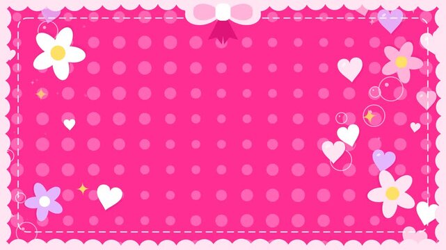 Animated cute pink frame with ribbon flowers hearts and polka dot pattern with empty copy space for kawaii decoration. 4k video