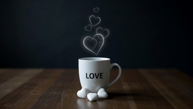 White coffee mug with the word love printed on it, surrounded by white heart shapes and glowing heart bokeh on dark background