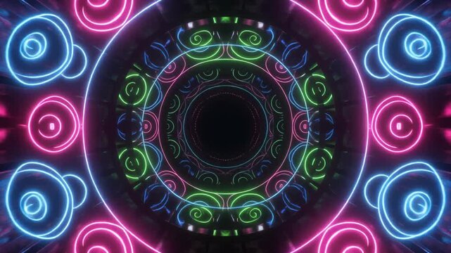 Neon mandala rotating in dark tunnel with glowing concentric circle patterns