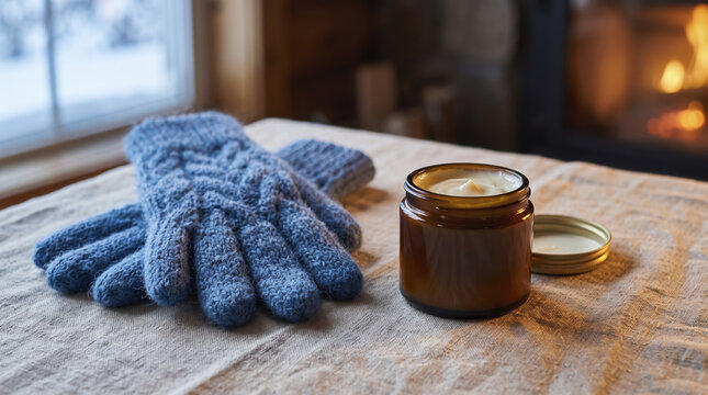 Cosmetic cream jar rests alongside pair of blue knit gloves in warm living room, promoting winter skincare routine for dry chapped hands during chilly snowy weather by cozy hearthside.