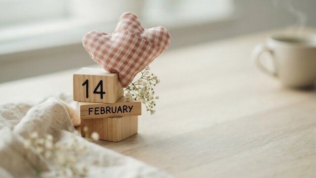 Wooden calendar blocks showing february 14 with a checkered heart and baby breath flowers on a rustic white fabric background