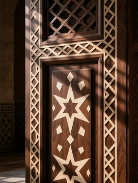 Ornate wooden door with traditional islamic geometric star pattern and sunlight" 