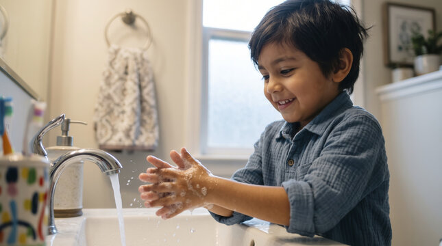 Smiling child washes hands with bubbly soap inside bright domestic bathroom. Happy young boy rubs soapy palms under running faucet tap while learning essential daily hygiene routine habits.