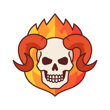 Minimalist flat vector icon of a flaming horned skull demon
