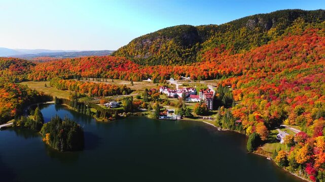 Aerial View of Vermont Mountain Lake in Dixville Notch State Park Surrounded by Fall Foliage