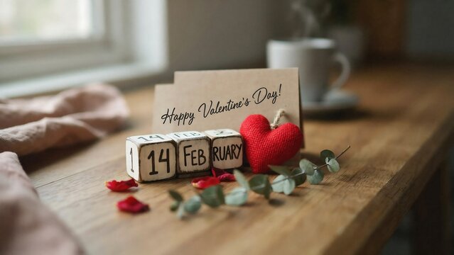 Wooden calendar blocks showing february 14 with a red heart, a greeting card, and eucalyptus leaves on a rustic wooden table surface