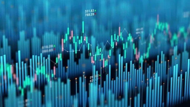 Stock market chart with layered multi perspective digital price lines, volume indicators and glowing financial data trading trends, volatility, investment strategy