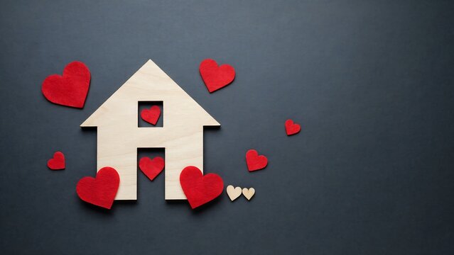 Wooden house shape surrounded by red felt hearts on a dark grey background, concept of love and home for valentine's day