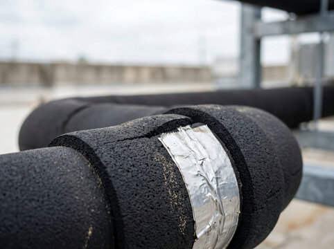 Close up shot of black elastomeric thermal insulation foam wrapped securely around industrial HVAC chiller pipes with reflective aluminum tape sealing a joint on a rooftop facility under daylight.