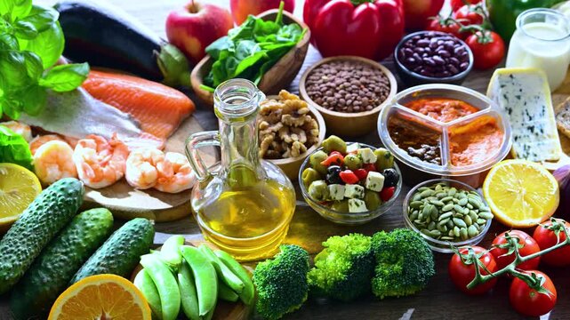 Food products representing the Mediterranean diet