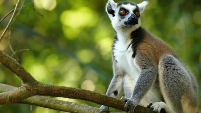 Ring-tailed lemur perching on a tree branch in a lush green forest background