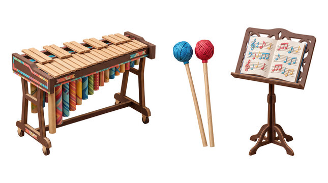 Wooden xylophone with colorful resonators, two mallets, and a music stand with an open book of musical notes isolated on white background