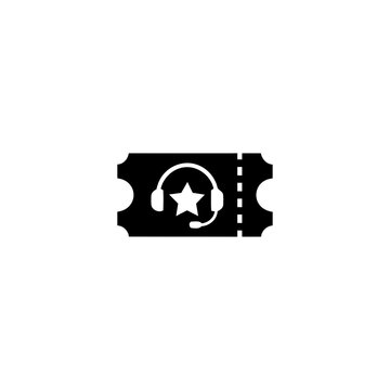 Customer Support Ticket Icon. Black ticket with headset microphone and star, isolated on transparent background