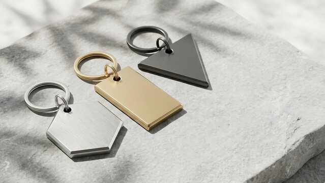 Minimalist geometric metal keychain tags in gold silver and black finishes on textured stone surface with aesthetic leaf shadows ideal for personalized branding mockups and luxury identity design