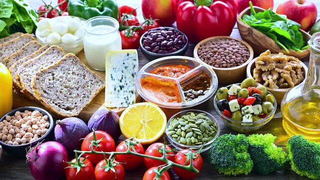 Food products representing the Mediterranean diet