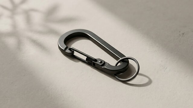 Sleek Matte Black Titanium Carabiner Keychain and Metal Key Ring for Every Day Carry EDC Gear on Neutral Textured Surface with Soft Leaf Shadows, Minimalist Tactical Utility Clip and Accessory