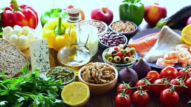 Food products representing the Mediterranean diet