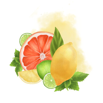 Watercolor composition of juicy citrus fruits with mint leaves. Lemon, grapefruit, lime slices. Hand drawn watercolor illustration isolated on white background. Suitable for printing, menus, dishes