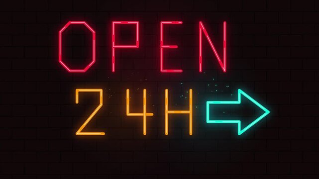 Glowing Neon Open 24H Sign Motion Graphic With Right Arrow Pointer On Dark Brick Wall Background