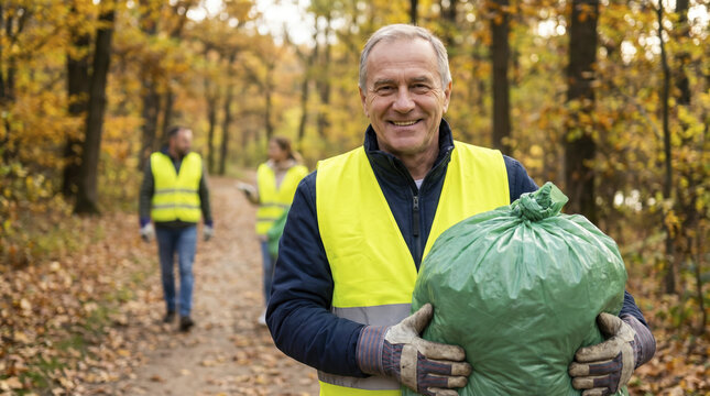 Smiling mature man wearing safety vest holds green garbage bag on autumn forest trail. Cheerful senior volunteer participates actively during community park cleanup with teammates.