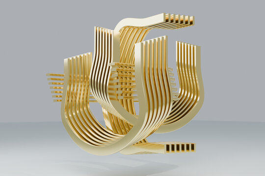 Golden 3D ribbon sculpture floating on gray