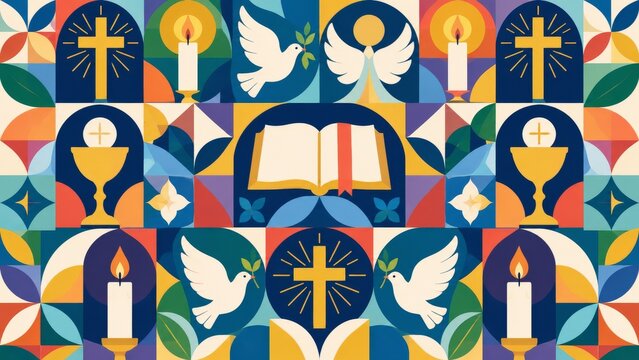 Colorful geometric Christian pattern with crosses and sacred symbols