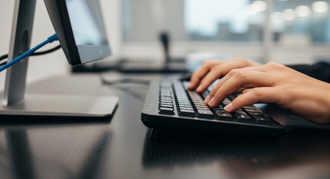 Close-up of hands typing on a computer keyboard in an office