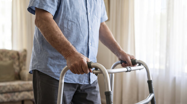 Aging man holds medical walker with both hands near window curtain, practicing steady steps with quiet patience. Pensioner demonstrates independent movement using durable mobility equipment.