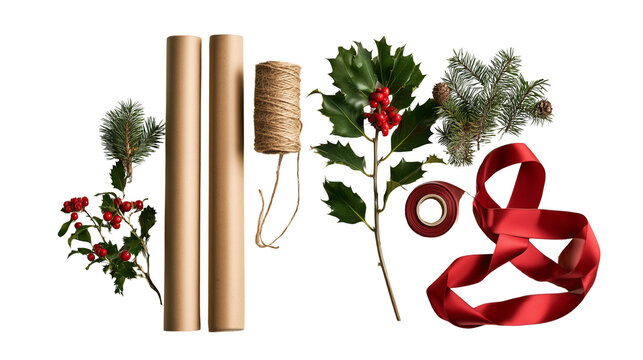 Christmas wrapping supplies isolated on transparent background