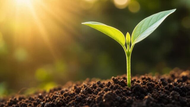 Young green plant sprouting from rich soil with sunlight in natural outdoor environment