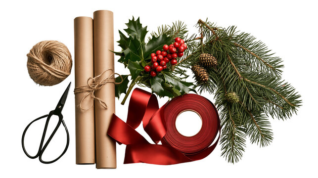 Christmas gift wrapping supplies isolated on transparent background