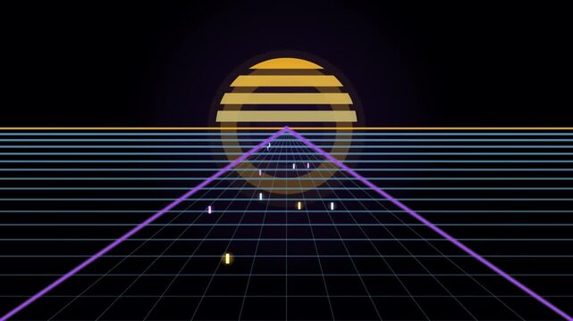 A retro synthwave looping animation of a neon grid receding toward a striped sun on a dark horizon