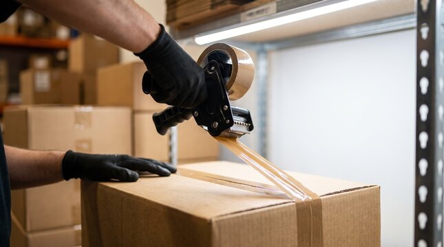 Person in black gloves taping a carton box with a tape gun. Represents packaging, shipping, logistics, and delivery services in a busy warehouse environment.