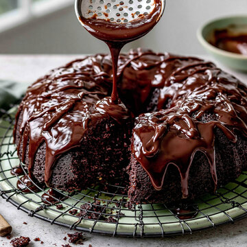 Pouring dark chocolate sauce over a rich bundt cake with freshly baked wire rack homemade