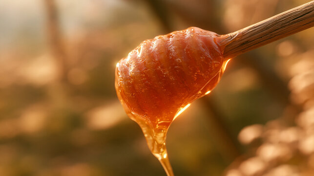 Golden honey dripping from a wooden dipper in warm natural light with bee product